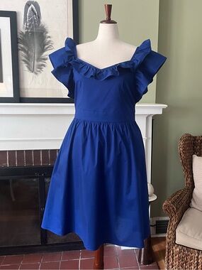 Maggy London Cobalt Cotton Poplin Ruffle Dress | Pockets | Size 14